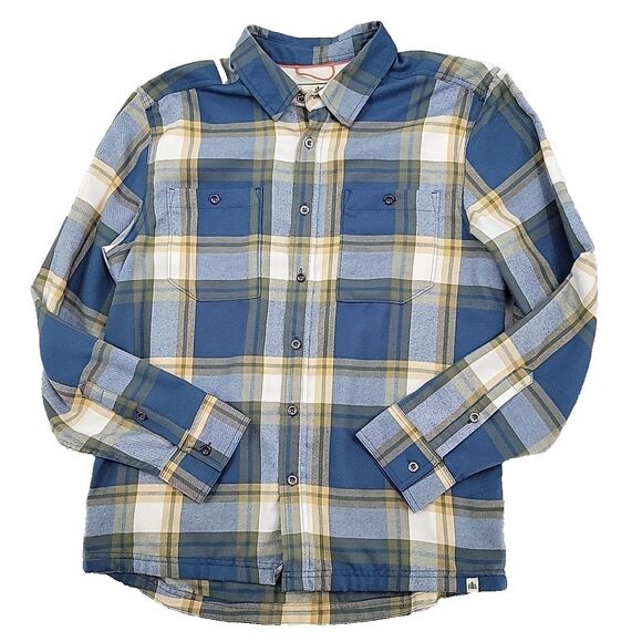 Lake & Trail Mens Soft Flannel Shirt Size Large Blue Gold Plaid Metal Buttons - Picture 1 of 9